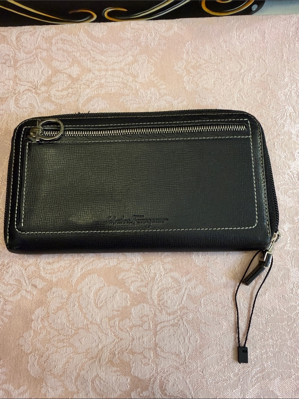 Salvatore Ferragamo Black Leather Zip Wallet with Silver Hardware